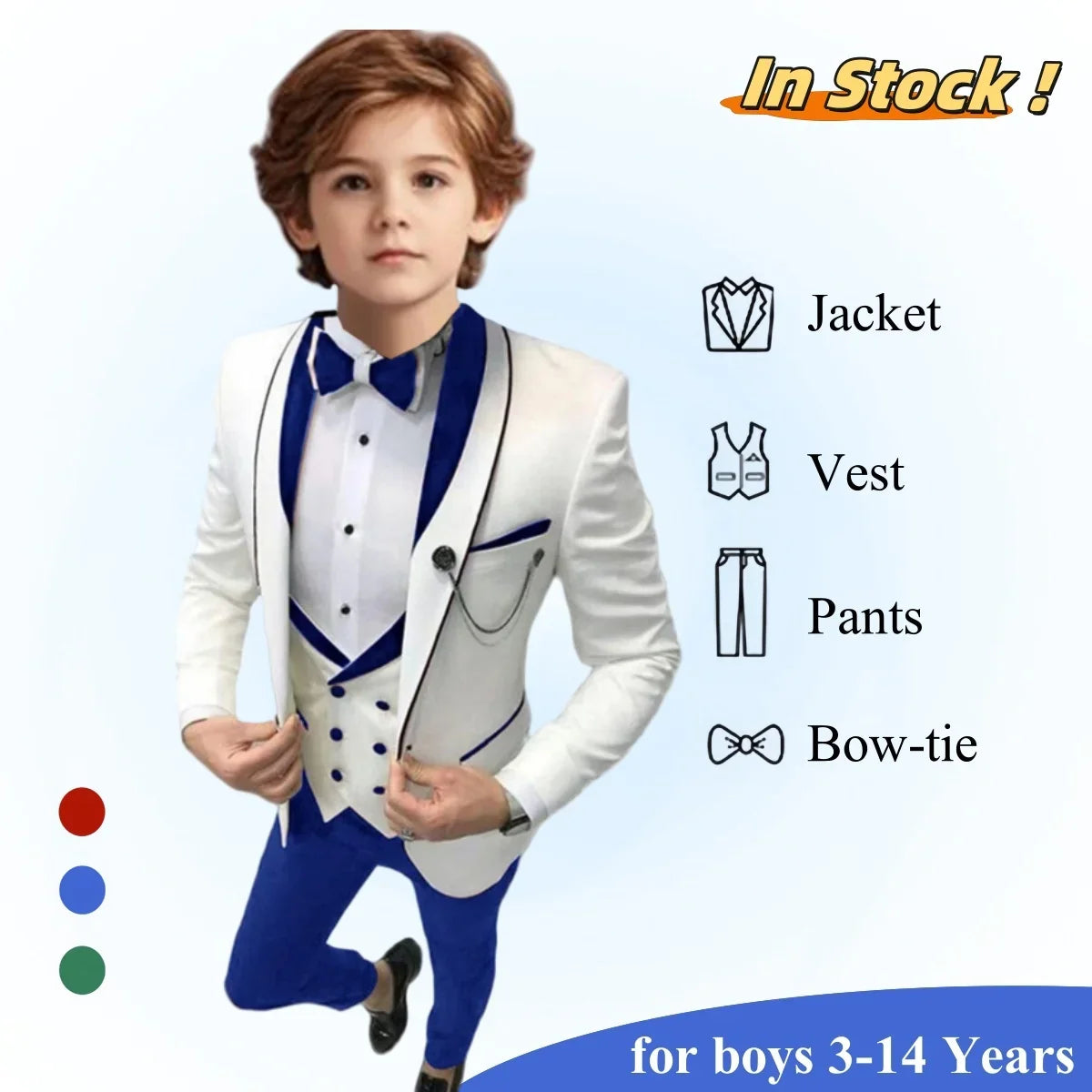 4 Pieces Boys Suit Set Vest Included - Toddler to Teen Tuxedo Sets - Christening Suits Adjustable Waist Boys Suit 3-14 Years