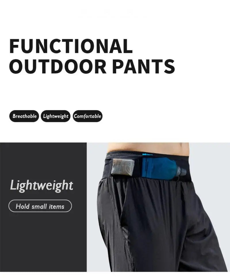Lightweight Quick Dry Ice Silk Marathon Running Pants with Around waist Pack Breathable Workout Fitness Jogging Sport Trousers