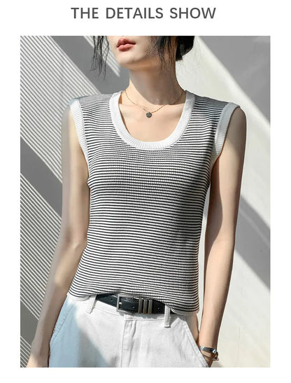 2026 Spring Summer O-Neck Striped Vest Top Simple Slim Fit Sleeveless Casual Versatile Women's Tank Top