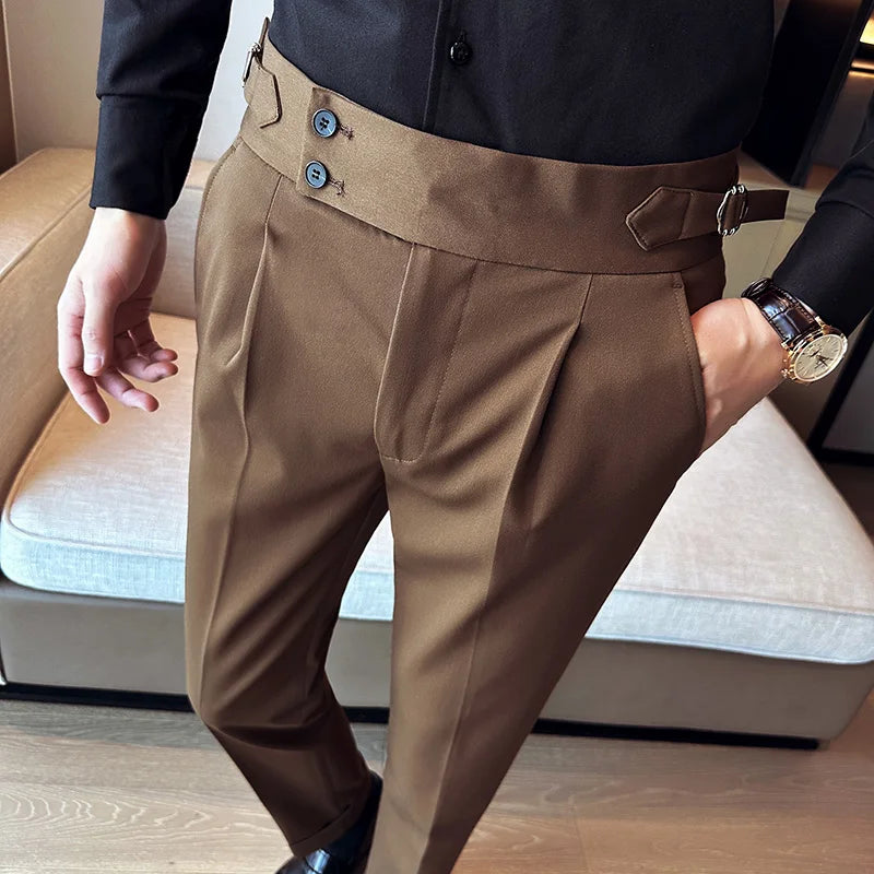 New Spring Autumn High Waist Smart Casual Dress Pants Men Belt Design Slim Suit Pants Formal Wedding Social Party Mens Trousers