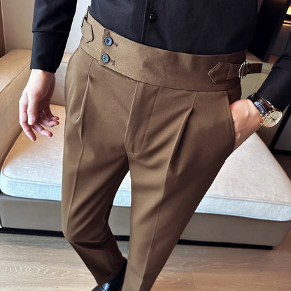 New Spring Autumn High Waist Smart Casual Dress Pants Men Belt Design Slim Suit Pants Formal Wedding Social Party Mens Trousers