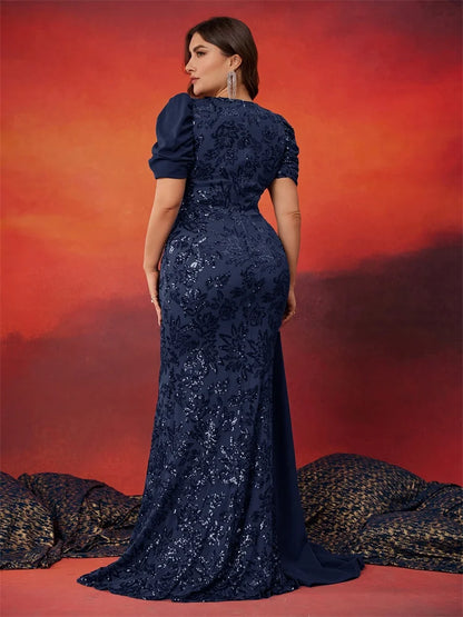Plus Size Elegant V-neck Sequins Evening Dress Women Short Sleeves Mermaid Formal Luxury Party Streamer Prom Dress