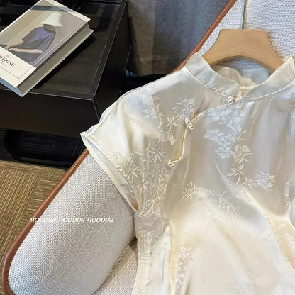 New Chinese Style Women Short Sleeve Printed Stand-Up Collar Shirt Temperament Elegant Women's Shirt Retro Summer Light Soft Top