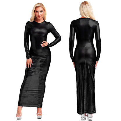 Womens Shiny Metallic Sheer Long Dress See Through Long Sleeve Bodycon Maxi Dress Cover Ups Rave Party Night Club Wear Underwear