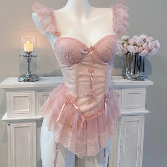 Black Vintage Corset Bustier Top Womens Lace Underbust Ruffles Sexy Lingerie Corset Push Up Bra Ladies Thong G-String Underwear