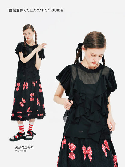 Original design bow pleated lace stitching elastic waist skirt for women 244659