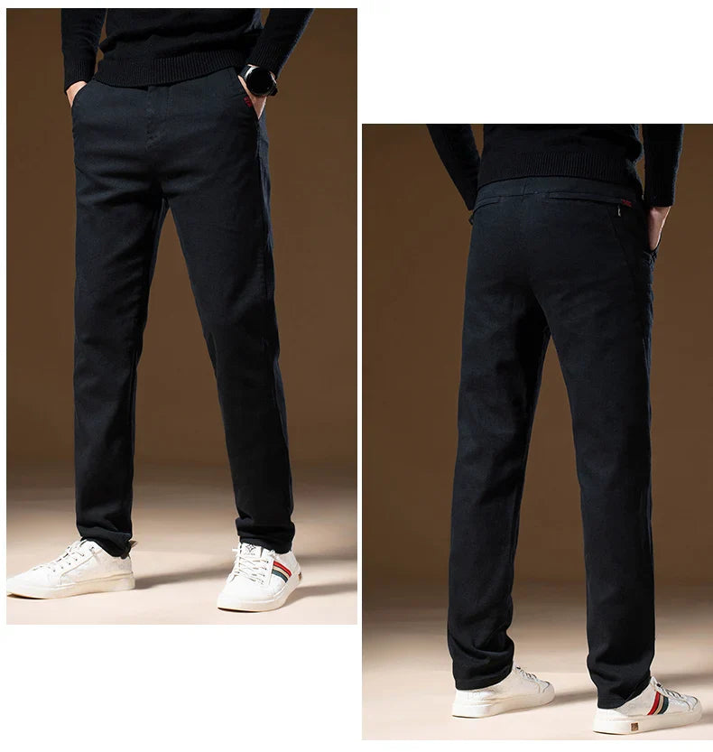 Korean Business Casual Fleece Men Pants Winter Thickened Straight Thermal Casual Pants Male Fashion Stretch Warm Velvet Trousers