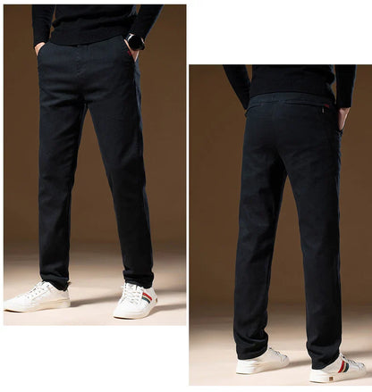 Korean Business Casual Fleece Men Pants Winter Thickened Straight Thermal Casual Pants Male Fashion Stretch Warm Velvet Trousers
