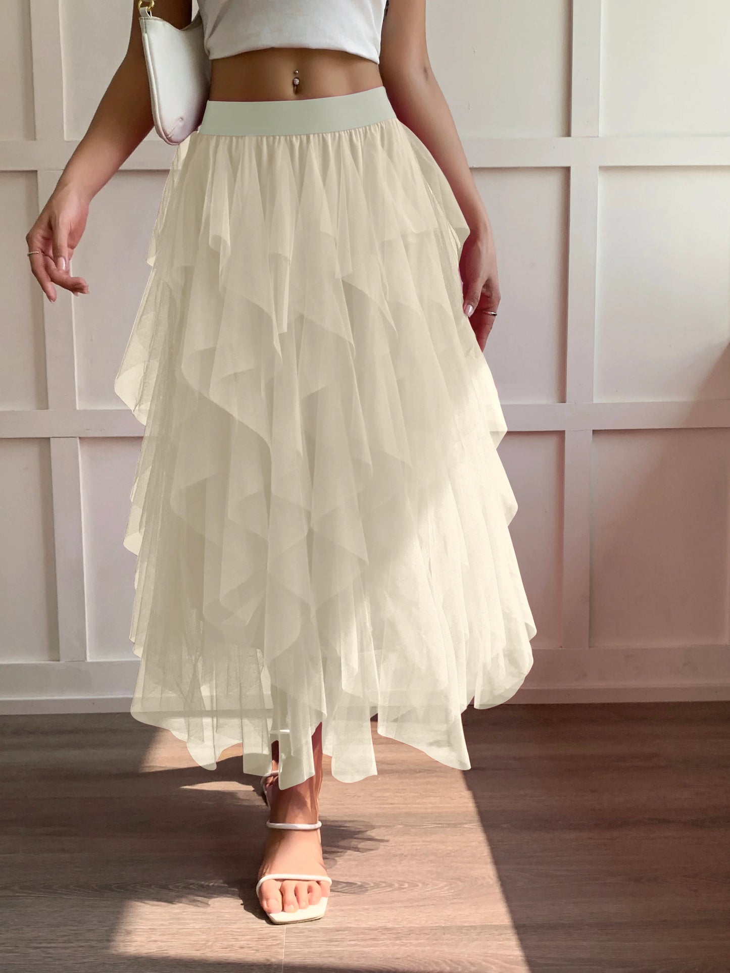 Medium waist chiffon long skirt for women, irregular layered pleated edge layered cake skirt, elegant fairy A-line skirt
