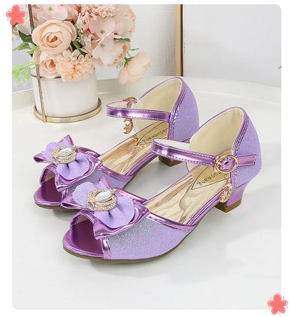 Girls Princess Sandals Summer Open-toe Elegant Children High Heels Fashion Sequins Crown Kids Causal Glitter Wedding Dress Shoes