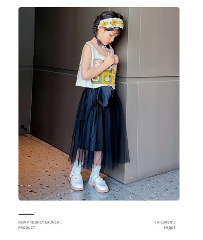 Toddler Girls Elegant Glossy Mesh Mary Jane Flats Flower Buckle Strap Heart Pattern Chunky Sole Comfortable Party School Shoes