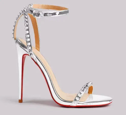 French white rivet strap versatile sexy temperament red sole super high heels open toe sandals fashion sandals round toe