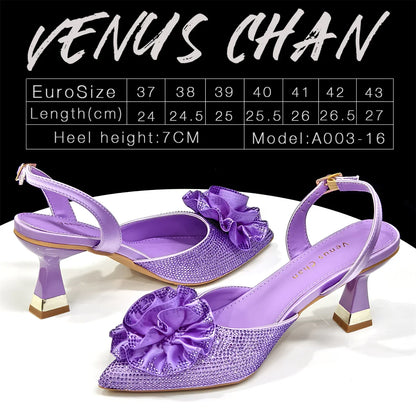 Elegant Shiny Dark blue Handbag and Medium Heel Shoes Set with Beautiful Handmade Flowers for Weddings and Parties