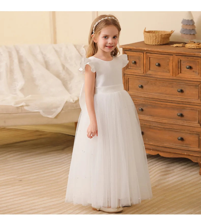 Summer Girl Flower Birthday Tulle Dress Backless Bow Wedding Gown Piano Kids Party Wear Princess Dress Baby Girl Bowknot Dresses