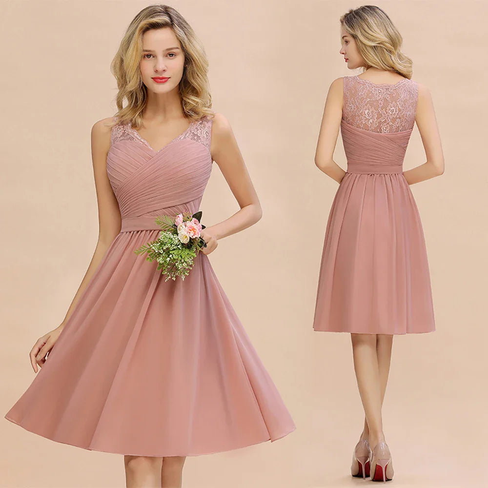 Dusty Rose Chiffon Lace Bridesmaid Dresses Pleat V Neck Short Formal Wedding Evening Party Prom Gown For Bride Cocktail Vestidos