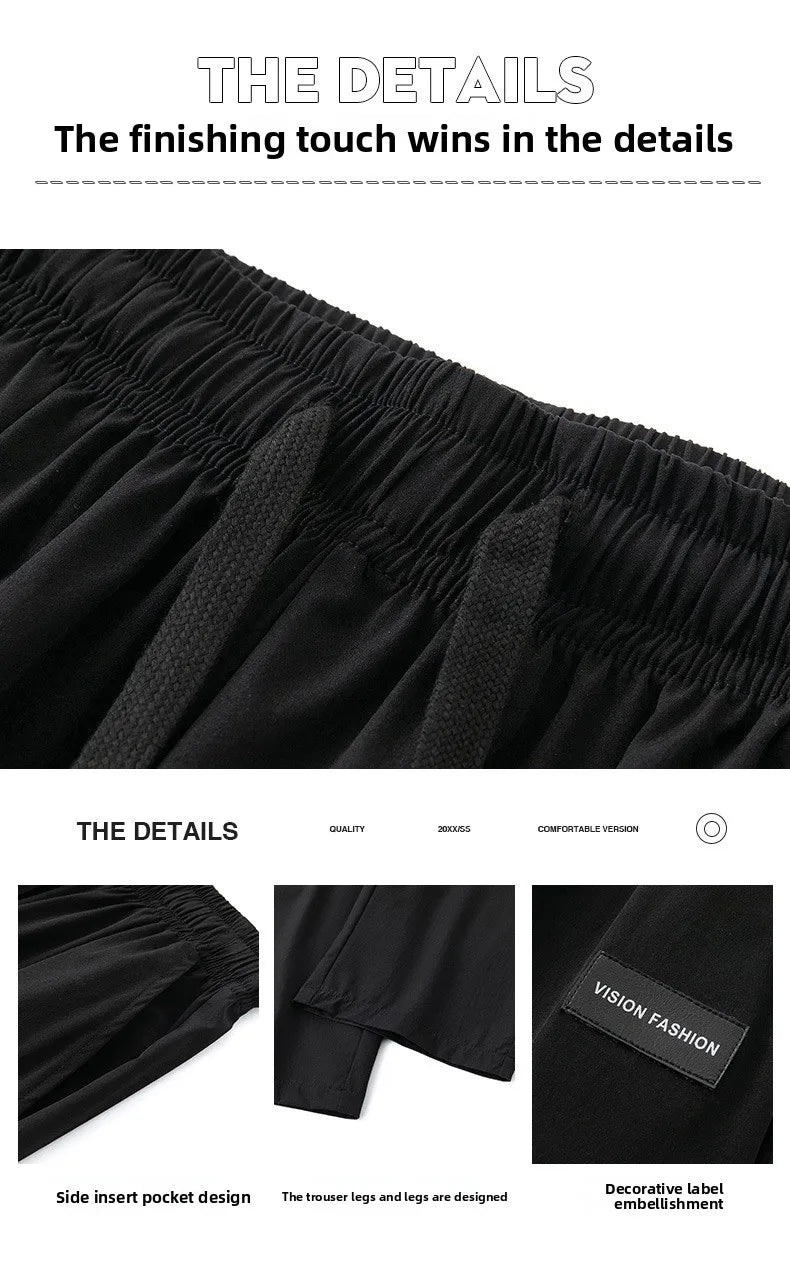 Men Drawstring Casual Pants Loose Drape Wide-leg Athleisure Pants Men Summer Thin Quick-drying Trousers Ice Silk Straight Pants