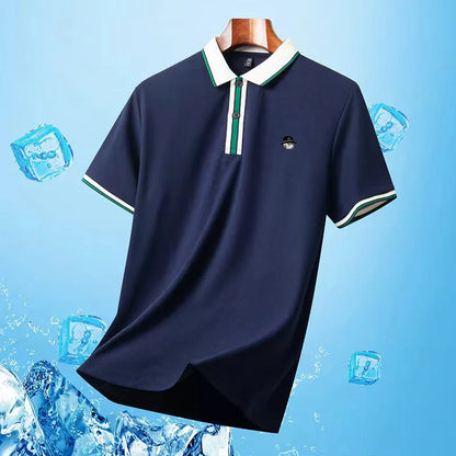 High Quality Man Short-Sleeved Polo Shirt Lapel Button Color Blocking Pattern Printing New T-Shirt Business Casual Men'sClothing
