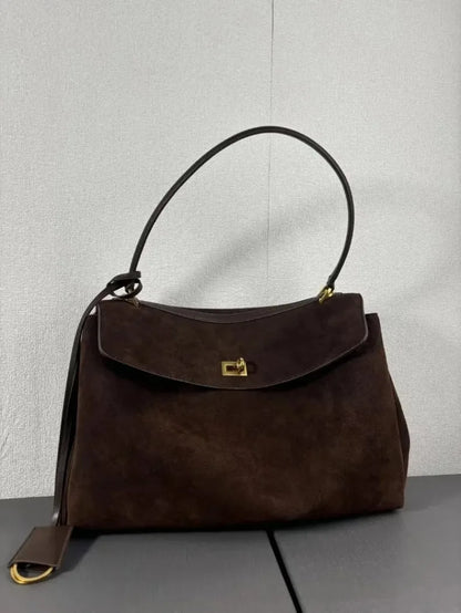 Suede Leather Tote Bag for Women Large Capacity Cowhide Shoulder Bag Designer Lock Satchel Chic Soft Nubuck Crossbody Purse