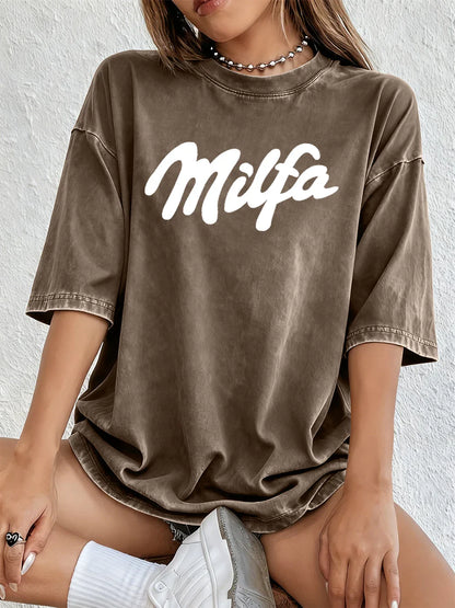 Milfa Purple Art Letter Printing Washed T-Shirts Womens Cotton Short Sleeve Tops Street O-Neck Oversize T Shirt Summer Clothes