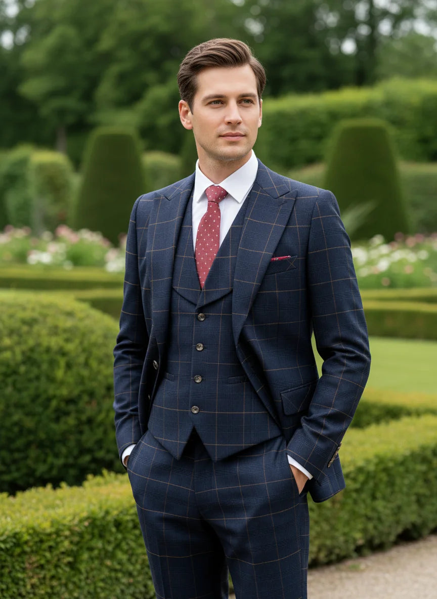 Dark blue 3 Piece Checkered Suit Set  Stylish Business Office Wedding Formal Outfit Elegant full man suit