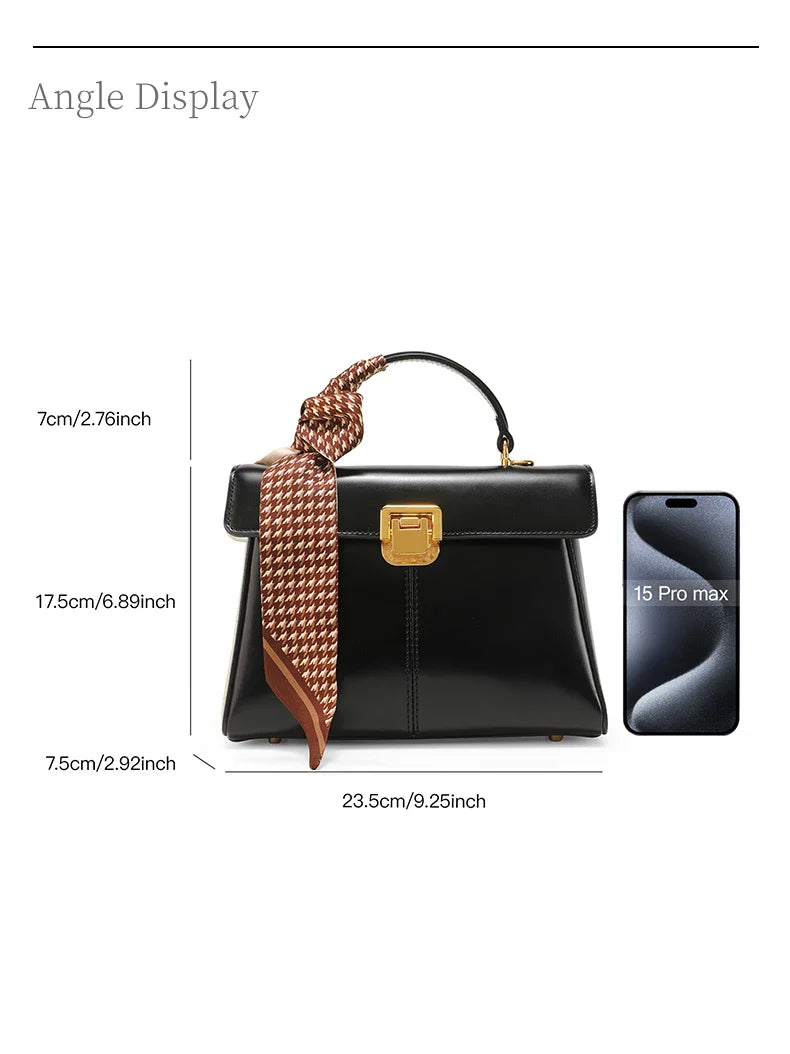 Genuine Leather Handbag with Scarf | Luxury Designer Trendy Shoulder Bag Solid Color Commuting Bag | bags for women gift