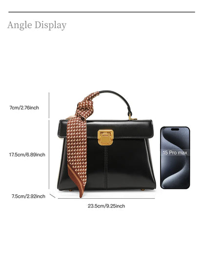 Genuine Leather Handbag with Scarf | Luxury Designer Trendy Shoulder Bag Solid Color Commuting Bag | bags for women gift