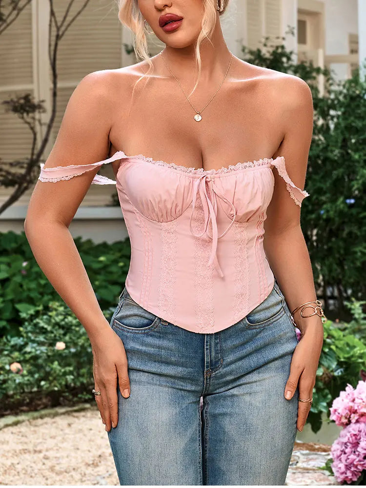 Women's Sleeveless Spaghetti Strap Lace Crop Corset Top Backless Double Layer Fashion Casual Party Cami Bustier Tops