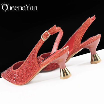 Italian Design Rhinestone Luxury Navy Blue Pointed Toe Shoe & Bag Set Women High Heels for Parties High Quality