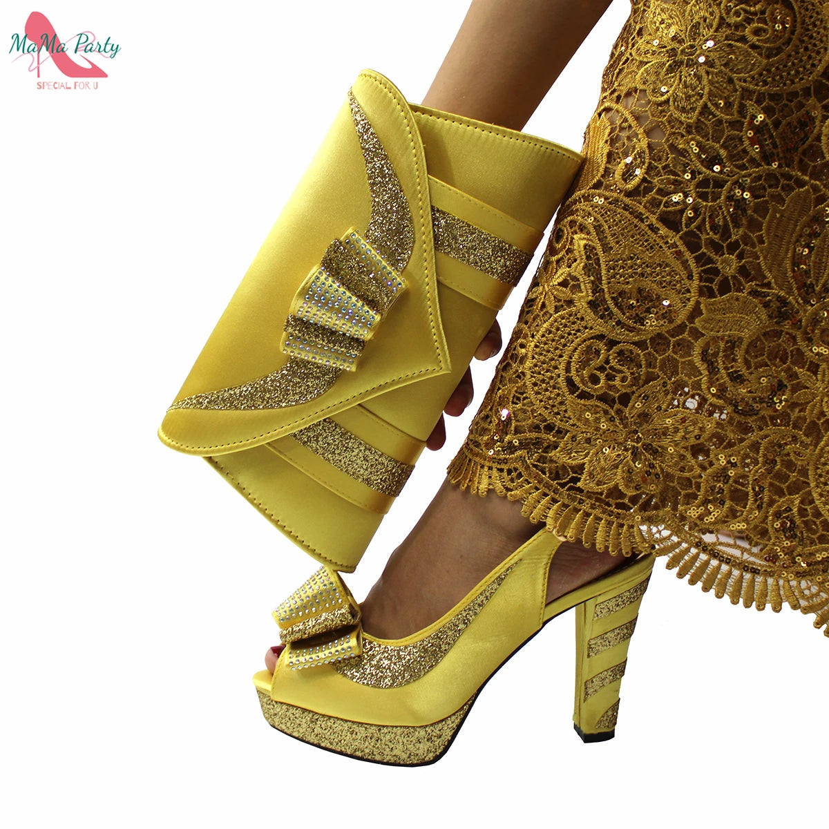 Fashion Pretty Peep Toe African Women Shoes Matching Bag Set in Silver Color Elegant Style Platform Sandals for Party