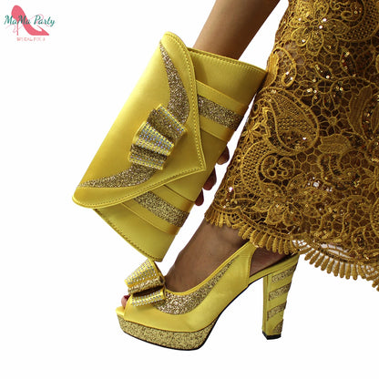 Fashion Pretty Peep Toe African Women Shoes Matching Bag Set in Silver Color Elegant Style Platform Sandals for Party