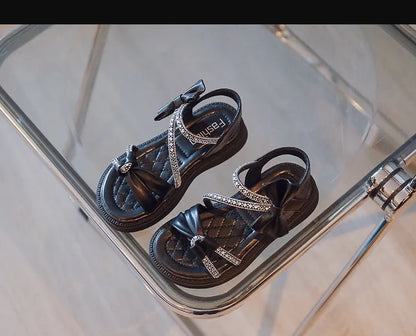 Children Princess Shoes Baby Girls Flat Bling Leather Sandals Fashion Sequin Soft Kids Dance Party Sparkly Shoes Crystal F05214