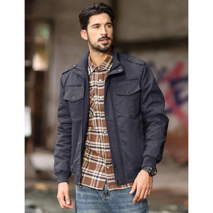 Men's Fleece Jackets Windbreaker Coats Fall Winter Thermal Bomber Jackets Multi-pockets Stand Collar Motorcycle Jacket