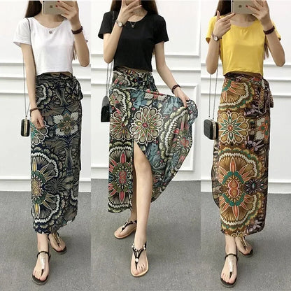 2025 New Women's One-Piece Floral Print Skirt High Waist Wrap Chiffon Beach Dress with Tie Waist Summer Vacation Boho Style