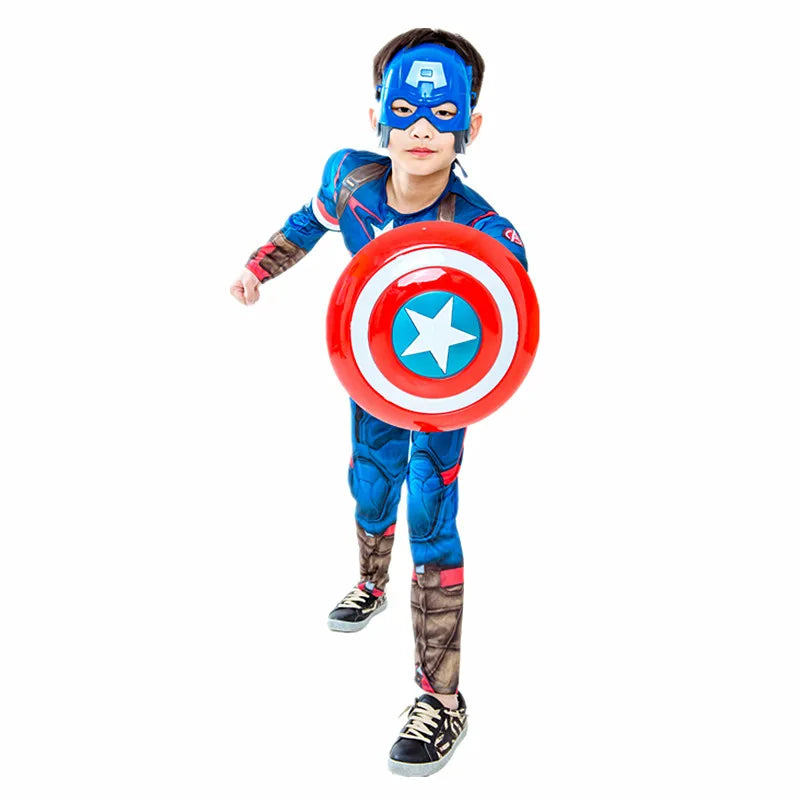 3-12Y Boy's Captain America Costume Superhero Roleplay Onesie School Performance Outfit with Mask and Shield Toy Gift