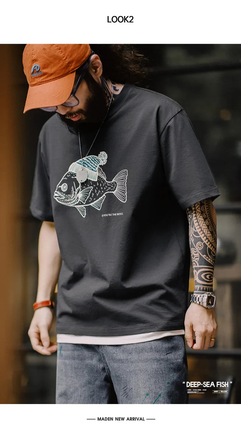 Maden Vintage Flocked Print Short-sleeved T-shirts Animal Pattern Cotton Round Neck Tops for Men's Summer Casual Loose Fit Tee