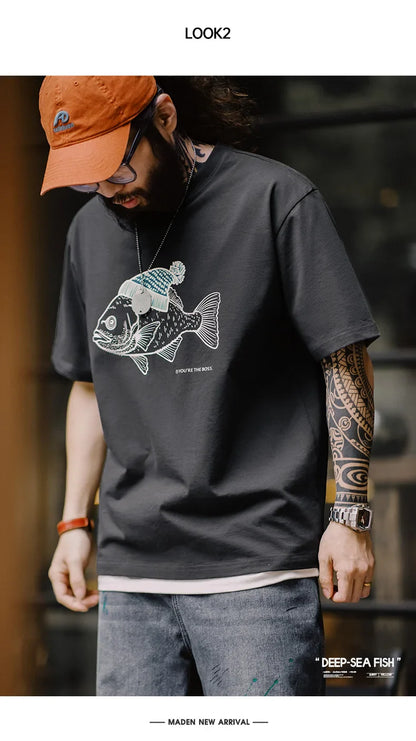 Maden Vintage Flocked Print Short-sleeved T-shirts Animal Pattern Cotton Round Neck Tops for Men's Summer Casual Loose Fit Tee