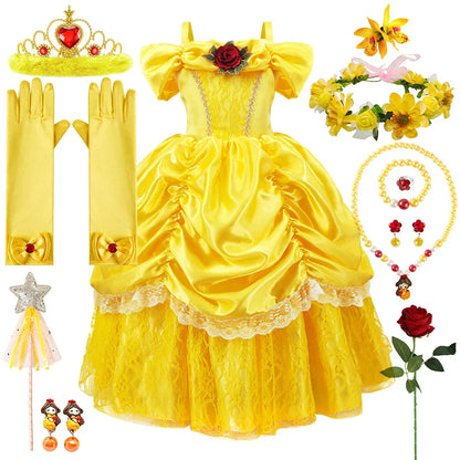Girls Belle Cosplay Princess Dress Children Beauty Beast Clothes Birthday Carnival Christmas Party Costume Kids Ball Gown 2-11T
