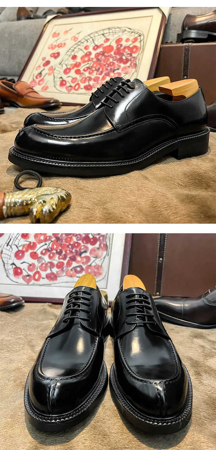 Genuine Leather Classic Black Lace Up Pointed Toe Wedding Formal Elegant Derby Shoes For Men With Free Shipping