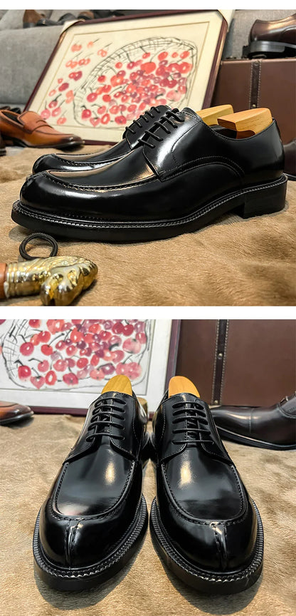 Genuine Leather Classic Black Lace Up Pointed Toe Wedding Formal Elegant Derby Shoes For Men With Free Shipping