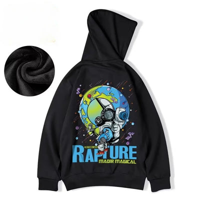 M-8XL Oversized Hoodies Men American Cartoon Astronaut Print Hoodie Loose Student's Large Soft Velvet Hooded Sweater