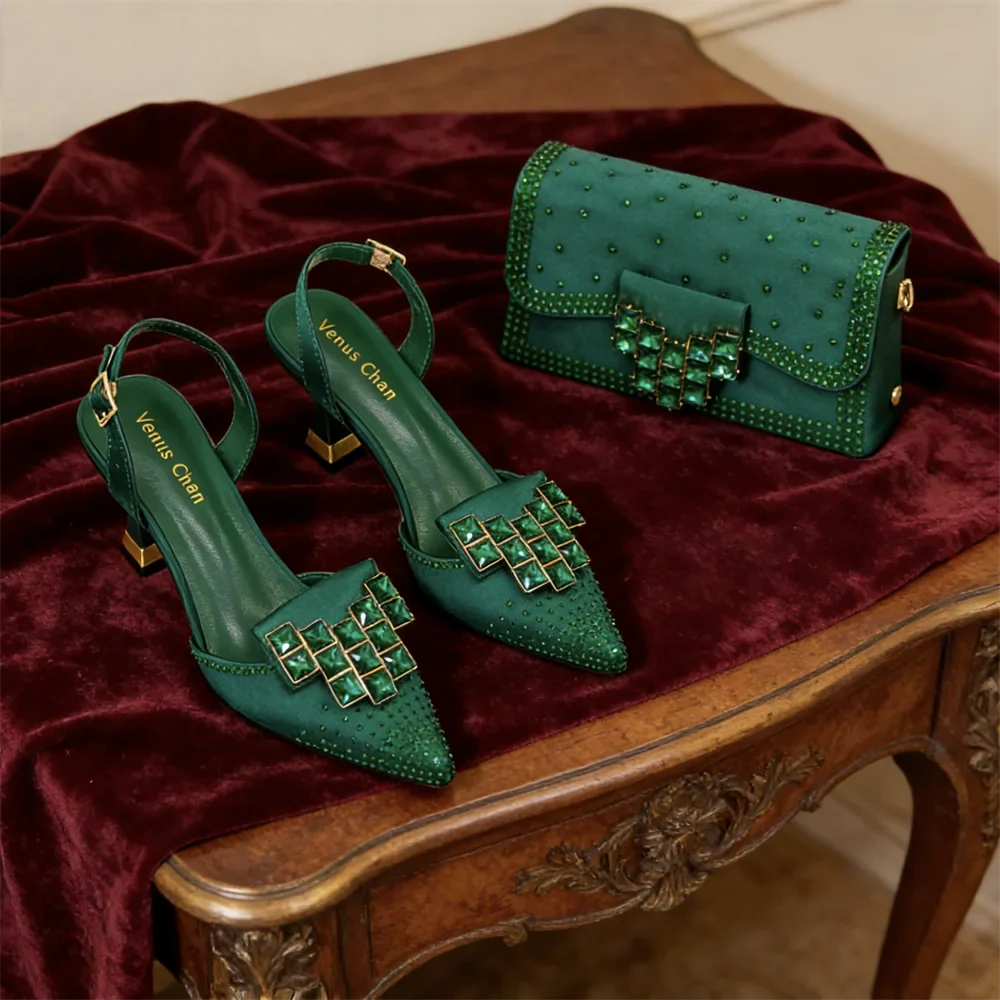 Stylish Orange Rhinestone High Heel Shoes & Matching Handbag - Elegant Pointed-Toe Footwear for Women, Ideal for Parties