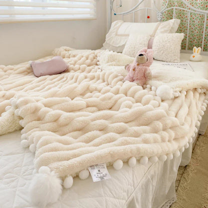 Solid Color Striped Fluffy Blanket Milk Velvet Soft Blanket with Cute Pompoms 3D Stereo Craft Travel Warm Bedding All Season
