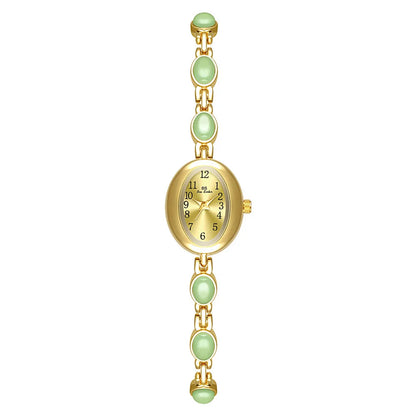 Women's watch Vintage Natural Colorful Jade Bracelet Wristwatches Clock,Luxury Elegant Small Oval Dial Quartz Watch Waterproof