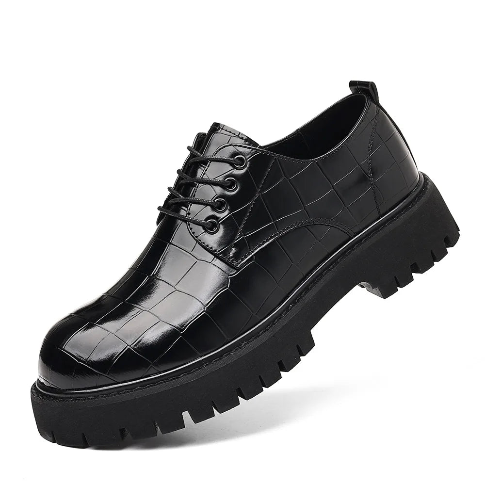 Business Formal Big Head Leather Shoes Men Spring Autumn Fashion Platform Shoes Male Lace Designer Stone Pattern Dress Shoes Man