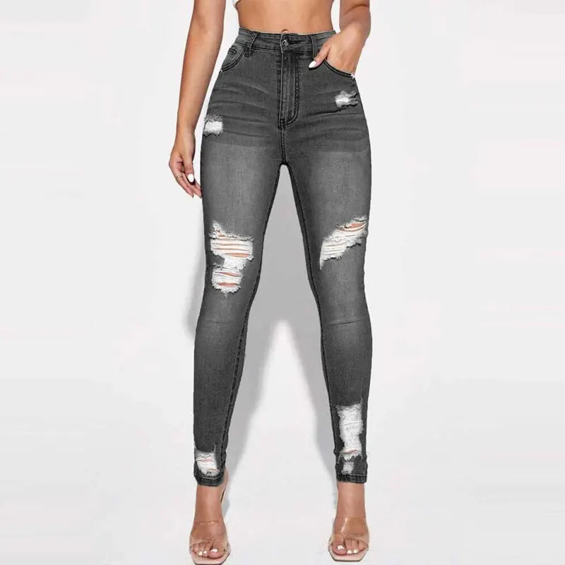 Women Fashion Mid Waist Ripped Hole Jeans