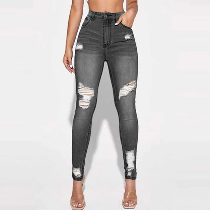 Women Fashion Mid Waist Ripped Hole Jeans