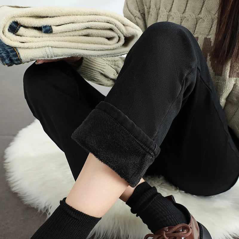 Calças Jeans Femininas de Inverno Quentes de Lã Retrô Elásticas Grossas Confortáveis Retas Modernas Coreanas Casuais de Veludo Denim
