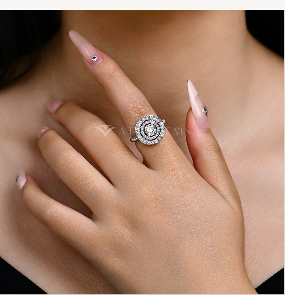 Full D Color VVS1 Luxury Moissanite Ring Round Cut 1.0CT S925 Sterling Silver Engagement Wedding Jewelry Gift for Women
