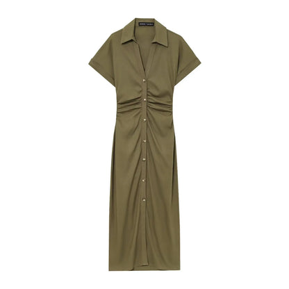 New  Women's elegant holiday style refreshing and comfortable short-sleeved V-neck MIDI dress