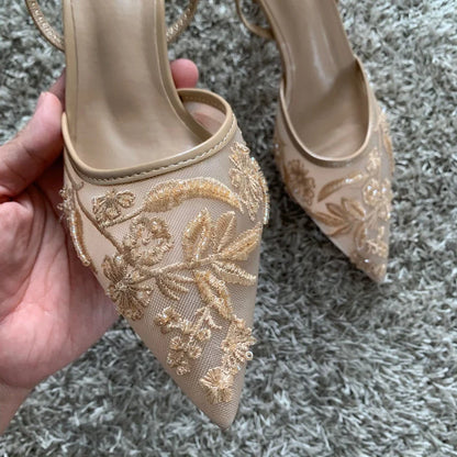 Fashion Sandals Women String Bead High Heels Mules Shoes Pointed Toe Slingback Slippers Women Zapatos De Mujer